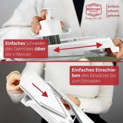 Borner Mandolin V3 Special | 7-delat set | 5 skärtjocklekar | Lämplig som pommes fritesskärare | BPA-fri och rostfri | Vit