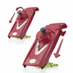 Borner V5 PowerLine Plus set grönsaksskärare, frukt- och grönsaksskärare med frukthållare, skivinsats, skalare, 10 typer av snitt, 6-delat set, röd