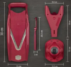 Borner V5 PowerLine Plus set grönsaksskärare, frukt- och grönsaksskärare med frukthållare, skivinsats, skalare, 10 typer av snitt, 6-delat set, röd