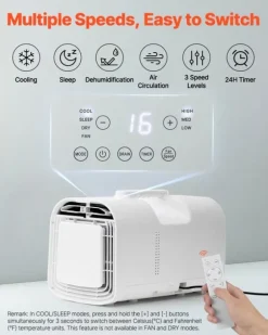 Bärbar Luftkonditionering - Portabel AC - 4250 BTU Kylkapacitet - 3 Hastigheter - 24 h Timer - Fjärrkontroll - 16–32 °C Justerbar - För Camping - Vit | CDON