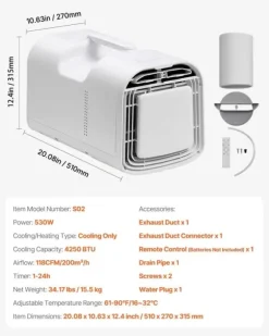 Bärbar Luftkonditionering - Portabel AC - 4250 BTU Kylkapacitet - 3 Hastigheter - 24 h Timer - Fjärrkontroll - 16–32 °C Justerbar - För Camping - Vit | CDON