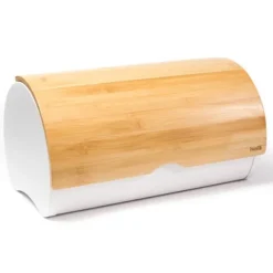 Brödlåda av lackerat stål med lock i bambu