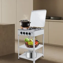 4-brännare Gaskök, Rostfritt Stål, Bärbar Design, Vindskydd,VIT