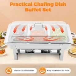 Buffévarmhållare, chafing dish med 3 fack, kapacitet över 5 L, 410 rostfritt stål, portabel för fest