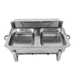 Buffévärmare - Chafing Dish med ram - 7,5 l kapacitet - Rostfritt stål - Matbehållare 27×34×6,8 cm - 55,7×34×38,3 cm - Bränslebrännare - Silver