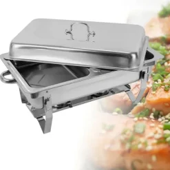 Buffévärmare - Chafing Dish med ram - 7,5 l kapacitet - Rostfritt stål - Matbehållare 27×34×6,8 cm - 55,7×34×38,3 cm - Bränslebrännare - Silver