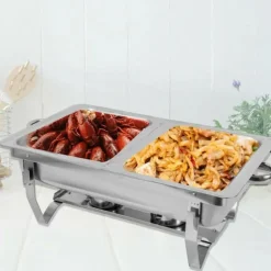 Buffévärmare - Chafing Dish med ram - 7,5 l kapacitet - Rostfritt stål - Matbehållare 27×34×6,8 cm - 55,7×34×38,3 cm - Bränslebrännare - Silver