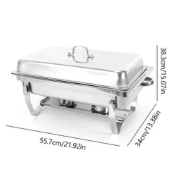 Buffévärmare - Chafing Dish med ram - 7,5 l kapacitet - Rostfritt stål - Matbehållare 27×34×6,8 cm - 55,7×34×38,3 cm - Bränslebrännare - Silver