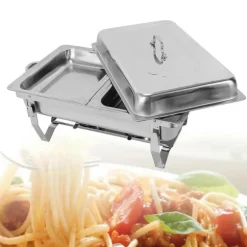 Buffévärmare - Chafing Dish med ram - 7,5 l kapacitet - Rostfritt stål - Matbehållare 27×34×6,8 cm - 55,7×34×38,3 cm - Bränslebrännare - Silver