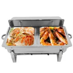 Buffévärmare - Chafing Dish med ram - 7,5 l kapacitet - Rostfritt stål - Matbehållare 27×34×6,8 cm - 55,7×34×38,3 cm - Bränslebrännare - Silver