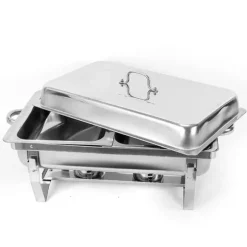 Buffévärmare - Chafing Dish med ram - 7,5 l kapacitet - Rostfritt stål - Matbehållare 27×34×6,8 cm - 55,7×34×38,3 cm - Bränslebrännare - Silver