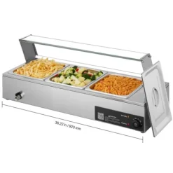 Buffévärmare - Elektrisk bain-marie/vattenbad - Effekt 1500 W - Rostfritt stål - Glaslock - Tre 1/2 GN kantiner - Bänkmodell - Kommersiell