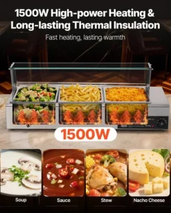 Buffévärmare - Elektrisk bain-marie/vattenbad - Effekt 1500 W - Rostfritt stål - Glaslock - Tre 1/2 GN kantiner - Bänkmodell - Kommersiell