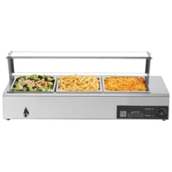 Buffévärmare - Elektrisk bain-marie/vattenbad - Effekt 1500 W - Rostfritt stål - Glaslock - Tre 1/2 GN kantiner - Bänkmodell - Kommersiell