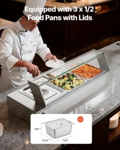 Buffévärmare - Elektrisk bain-marie/vattenbad - Effekt 1500 W - Rostfritt stål - Glaslock - Tre 1/2 GN kantiner - Bänkmodell - Kommersiell