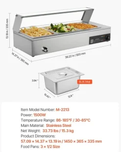 Buffévärmare - Elektrisk bain-marie/vattenbad - Effekt 1500 W - Rostfritt stål - Glaslock - Tre 1/2 GN kantiner - Bänkmodell - Kommersiell
