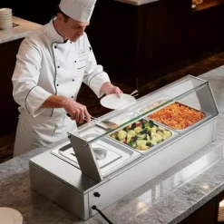 Buffévärmare - Elektrisk bain-marie/vattenbad - Effekt 1500 W - Rostfritt stål - Glaslock - Tre 1/2 GN kantiner - Bänkmodell - Kommersiell