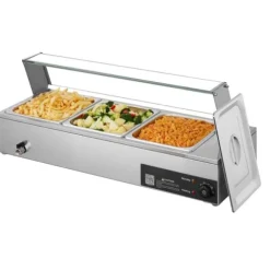Buffévärmare - Elektrisk bain-marie/vattenbad - Effekt 1500 W - Rostfritt stål - Glaslock - Tre 1/2 GN kantiner - Bänkmodell - Kommersiell