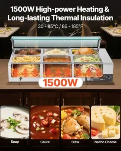 Buffévärmare - Elektrisk bain-marie matvärmare - 1500 W - Rostfritt stål - Glaslock - 6 x GN 1/2-kantiner - Inkl. soppslev och perforerad slev