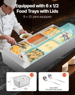 Buffévärmare - Elektrisk bain-marie matvärmare - 1500 W - Rostfritt stål - Glaslock - 6 x GN 1/2-kantiner - Inkl. soppslev och perforerad slev