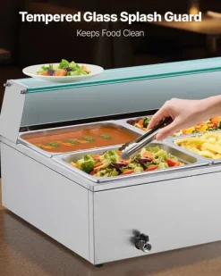 Buffévärmare - Elektrisk bain-marie matvärmare - 1500 W - Rostfritt stål - Glaslock - 6 x GN 1/2-kantiner - Inkl. soppslev och perforerad slev