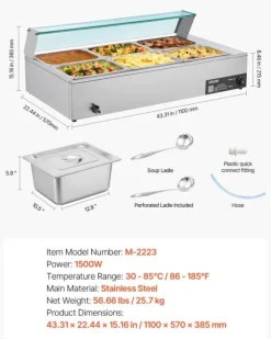 Buffévärmare - Elektrisk bain-marie matvärmare - 1500 W - Rostfritt stål - Glaslock - 6 x GN 1/2-kantiner - Inkl. soppslev och perforerad slev