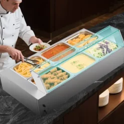 Buffévärmare - Elektrisk bain-marie matvärmare - 1500 W - Rostfritt stål - Glaslock - 6 x GN 1/2-kantiner - Inkl. soppslev och perforerad slev