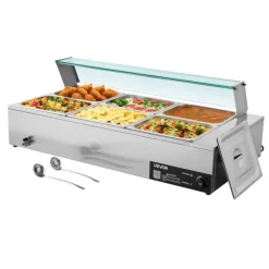 Buffévärmare - Elektrisk bain-marie matvärmare - 1500 W - Rostfritt stål - Glaslock - 6 x GN 1/2-kantiner - Inkl. soppslev och perforerad slev