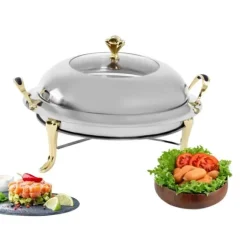 Buffévärmare - Rund chafing dish - 3 L - Rostfritt stål med glaslock - Bärhandtag - Justerbar låga - Ø 28 cm insats, Ø 38 cm, H 23 cm - Ljusgrå