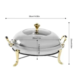 Buffévärmare - Rund chafing dish - 3 L - Rostfritt stål med glaslock - Bärhandtag - Justerbar låga - Ø 28 cm insats, Ø 38 cm, H 23 cm - Ljusgrå