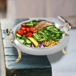 Buffévärmare - Rund chafing dish - 3 L - Rostfritt stål med glaslock - Bärhandtag - Justerbar låga - Ø 28 cm insats, Ø 38 cm, H 23 cm - Ljusgrå