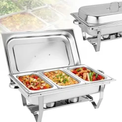 Buffévärmare Chafing Dish - Rektangulär Matvärmare - 3 Fack 3×3 L (9 L) - Rostfritt Stål - För Catering & Buffé
