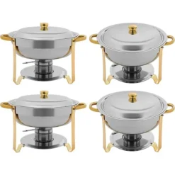 Buffévärmare Chafing Dish Set - Rund Chafer 4,5 L - Set om 4 - Rostfritt Stål - Ø41×25 cm - Med Brännarhållare - Guld