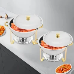 Buffévärmare Chafing Dish Set - Rund Chafer 4,5 L - Set om 4 - Rostfritt Stål - Ø41×25 cm - Med Brännarhållare - Guld