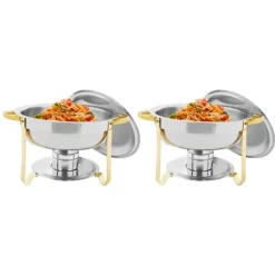 Buffévärmare Chafing Dish Set - Rund Chafer 4,5 L - Set om 4 - Rostfritt Stål - Ø41×25 cm - Med Brännarhållare - Guld