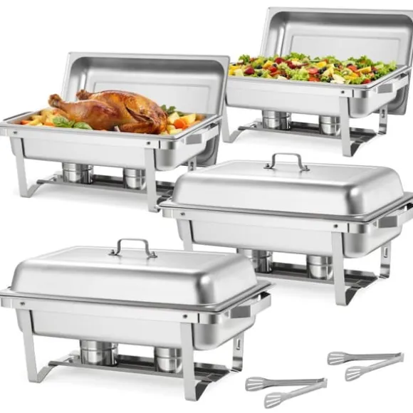 Buffévärmare Varmhållningsfat - Rektangulär 4-pack 9,91 L - Rostfritt Stål - Lock & Bränslehållare - 2 Mattänger - För Buffé, Fest, Bröllop - Silver | CDON