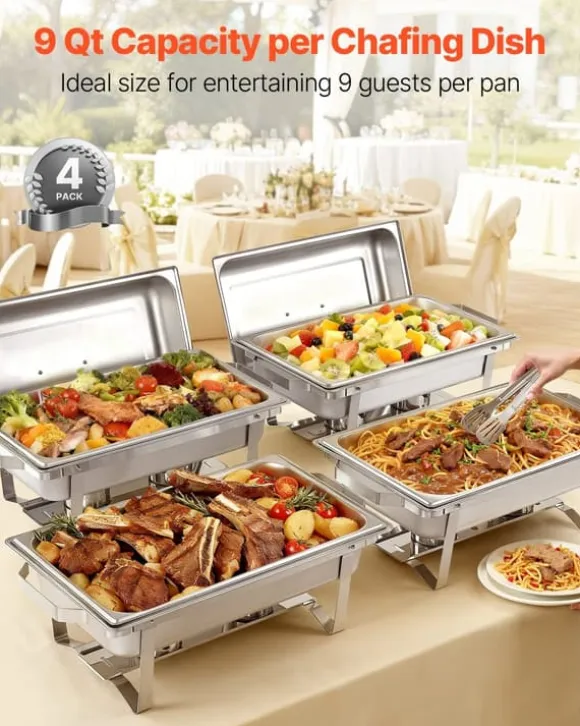 Buffévärmare Varmhållningsfat - Rektangulär 4-pack 9,91 L - Rostfritt Stål - Lock & Bränslehållare - 2 Mattänger - För Buffé, Fest, Bröllop - Silver | CDON