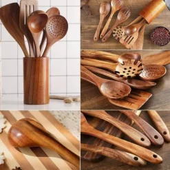 7-Delad träslev Set för matlagning, Akacia träredskap, Träslev Set för kök