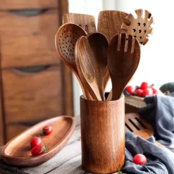 7-Delad träslev Set för matlagning, Akacia träredskap, Träslev Set för kök