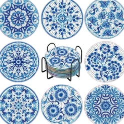 8-delars Mandala Diamantmålning Glasunderlägg Set med Akryl och Blått Mönster, Kompatibelt med Hem och Fest Dekoration