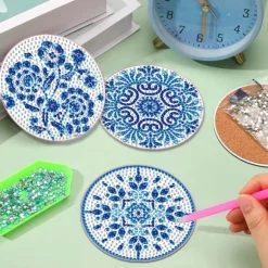 8-delars Mandala Diamantmålning Glasunderlägg Set med Akryl och Blått Mönster, Kompatibelt med Hem och Fest Dekoration