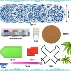 8-delars Mandala Diamantmålning Glasunderlägg Set med Akryl och Blått Mönster, Kompatibelt med Hem och Fest Dekoration