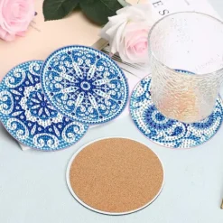 8-delars Mandala Diamantmålning Glasunderlägg Set med Akryl och Blått Mönster, Kompatibelt med Hem och Fest Dekoration