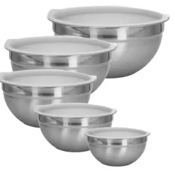 5-delat skålset blandningsskålar med lock av rostfritt stål - 18 x 9,5 / 20 x 10 / 22 x 11 / 24 x 12 / 26 x 12,5 cm - salladsskål serveringsskål