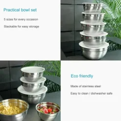 5-delat skålset blandningsskålar med lock av rostfritt stål - 18 x 9,5 / 20 x 10 / 22 x 11 / 24 x 12 / 26 x 12,5 cm - salladsskål serveringsskål