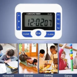 Digital kökstimer, 4-kanals köksnedräkningstimer med LCD-display, hopfällbart stativ och upphängningshål, magnetisk baksida (vit + blå)