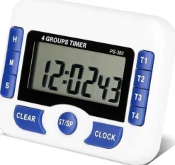 Digital kökstimer, 4-kanals köksnedräkningstimer med LCD-display, hopfällbart stativ och upphängningshål, magnetisk baksida (vit + blå)