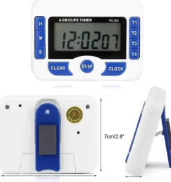 Digital kökstimer, 4-kanals köksnedräkningstimer med LCD-display, hopfällbart stativ och upphängningshål, magnetisk baksida (vit + blå)