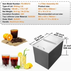 Drop-in Iskylare 27x18x21 tum, rostfritt stål med lock, hållbar design, perfekt för kylning av drycker, idealisk för fester och uteplatser