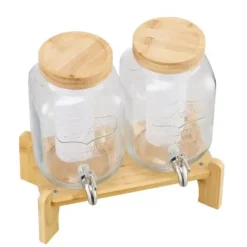 Dryckesdispenser, 2-pack glasjuicebehållare med träställ, 30x15x24,4 cm, transparent